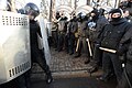 Barricade line separating interior troops and protesters. Clashes in Kyiv, Ukraine. Events of February 18, 2014