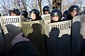 Line of interior troops holding protective position against protesters. Clashes in Kyiv, Ukraine. Events of February 18, 2014