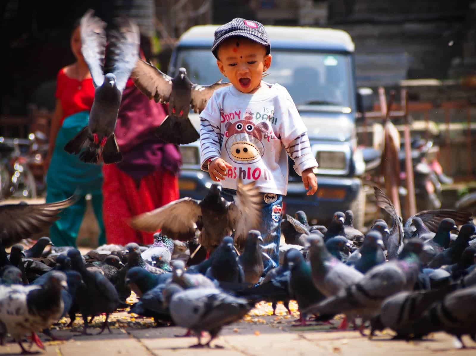 Chasing pigeons, Durbar Square