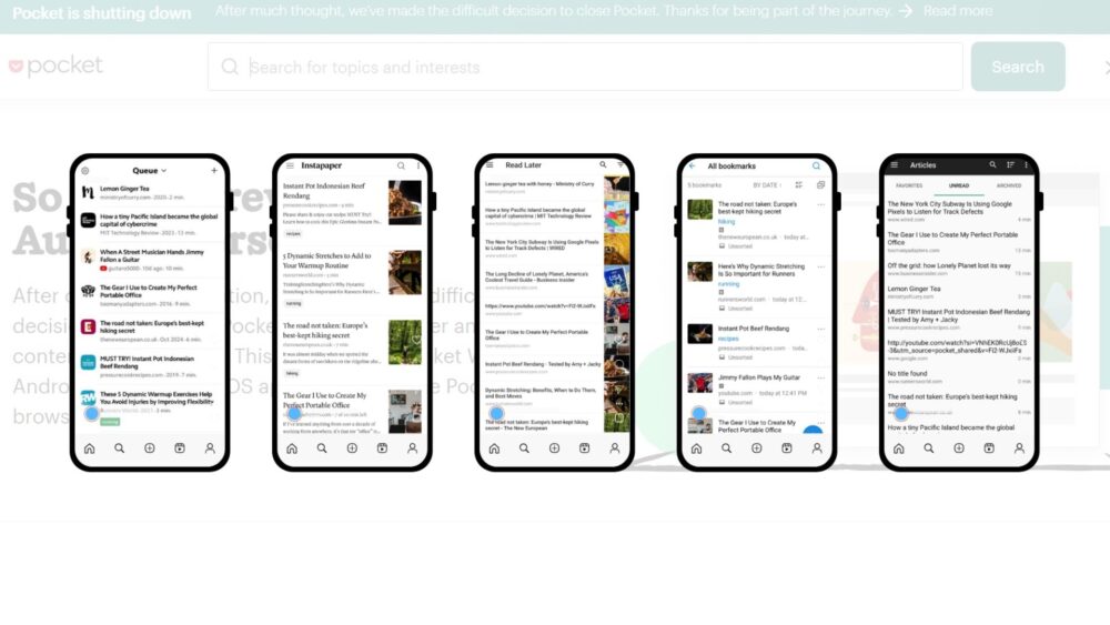 Mockups of five phone screens with read-it-later apps on, over a background of a page on getpocket.com advising it is shutting down